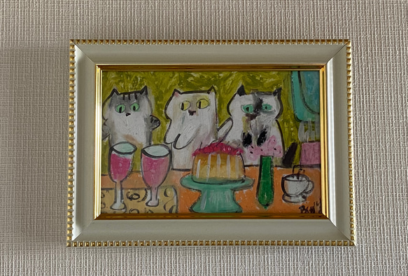 絵画。壁掛け絵原画手描き【さくらんぼプリンとワインのパーティー