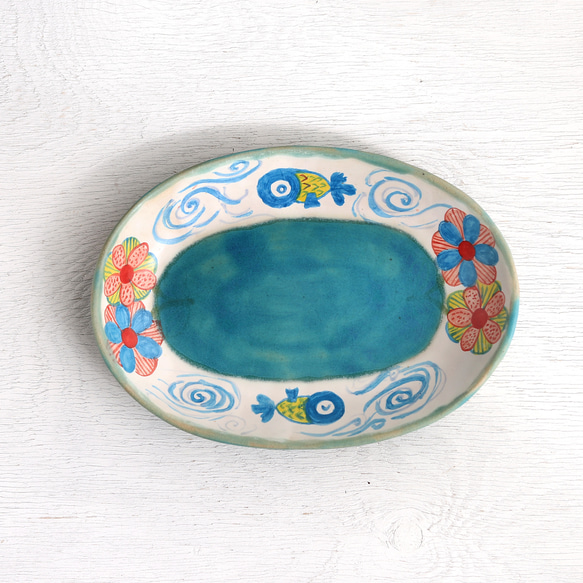 藍色金魚花卉橢圓盤（綠松石釉） 第1張的照片