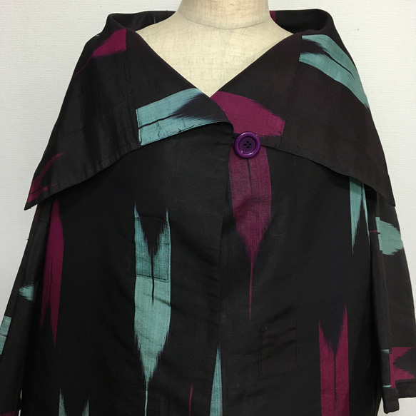 一点ものハンドメイド正絹着物リメイク/春から秋へのスタイリッシュ広襟コート 3枚目の画像