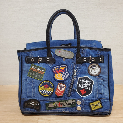 ライダースジャケットリメイクバッグ ワッペン付き トートバッグ