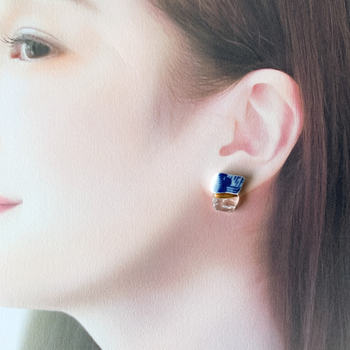 1点もの 左右柄の異なる シー陶器 水晶 金継ぎ ピアス イヤリング 