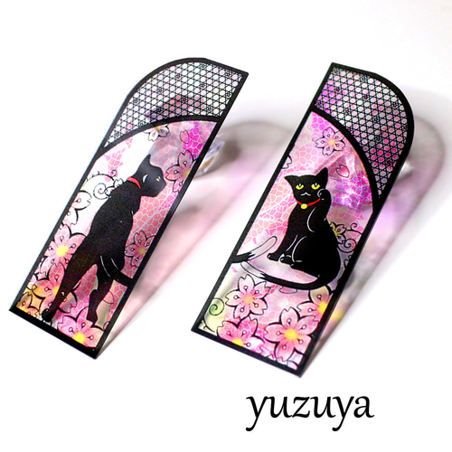 2023桜咲く期間限定 ステンドグラス風しおり◎黒猫と桜2枚組