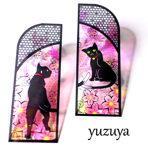 2023桜咲く期間限定 ステンドグラス風しおり◎黒猫と桜2枚組