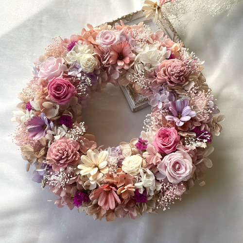 プリザーブドフラワーリース＊ニュアンスカラー＊ふんわりくすみピンク