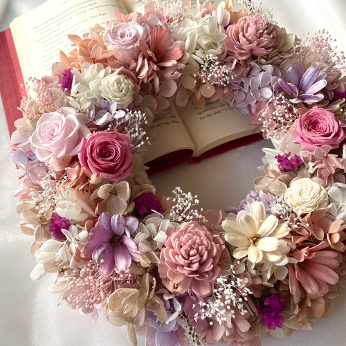 プリザーブドフラワーリース＊ニュアンスカラー＊ふんわりくすみピンク