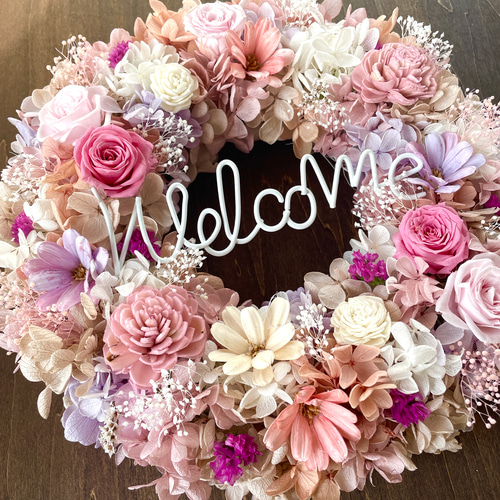 プリザーブドフラワーリース＊ニュアンスカラー＊ふんわりくすみピンク