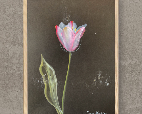 手描き絵画 空とお花の絵 「幸せの花束」 春の絵 チューリップ