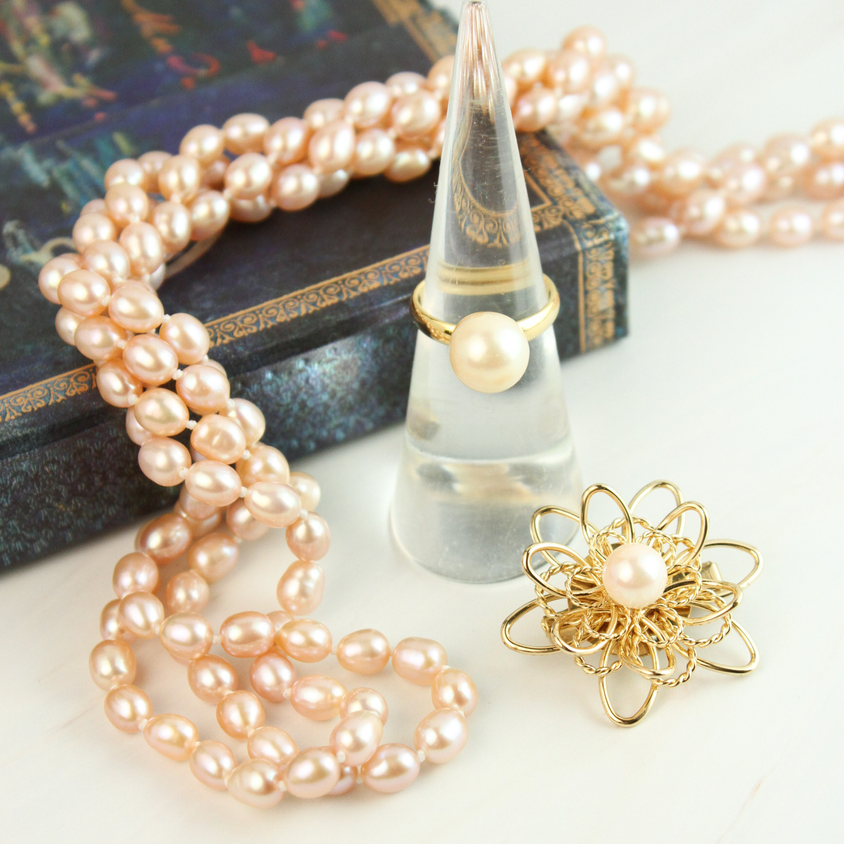 【3点セット】淡水パールオールノット  あこや真珠リング・ブローチ