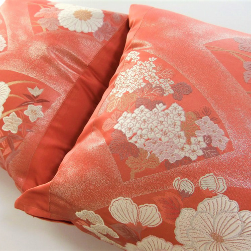 k-027】45×45cm用/クッションカバー/正絹・帯リメイク・地紙花草