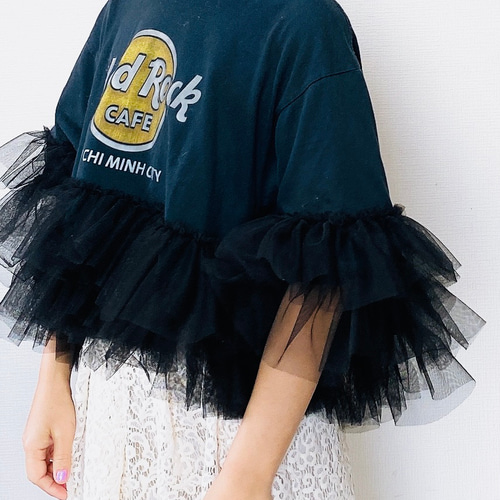 USED リメイクチュールフリル黒Tシャツ 異素材フリルTシャツ【チュール】 – レディースファッション通販