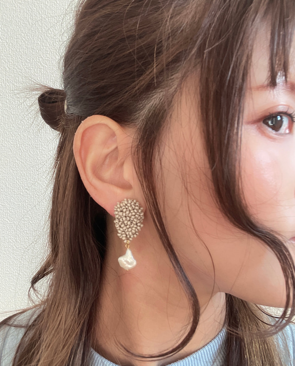 ビーズ刺繍アクセサリー/ビーズアクセサリー/イヤリング/淡水パール/入園式/入学式/春イヤリング/くすみカラー/ピアス 11枚目の画像