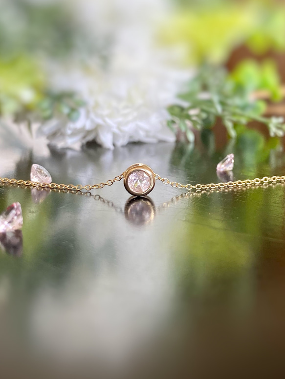 桜色 モルガナイト 5mm ベゼルネックレス 14kgf/sv925 4月誕生石 緑