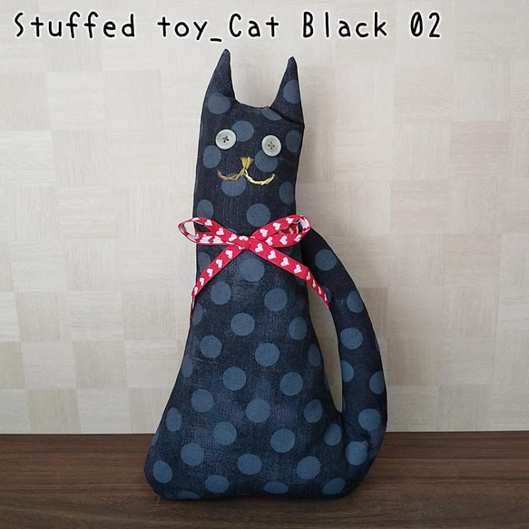 ねこのぬいぐるみ　オブジェ　Staffed toy Cat Black 02　黒　赤リボン 1枚目の画像