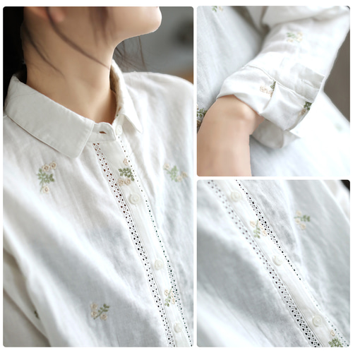 白いシャツ 刺繍 ブラウス長袖 シャツ長袖 シャツレディース