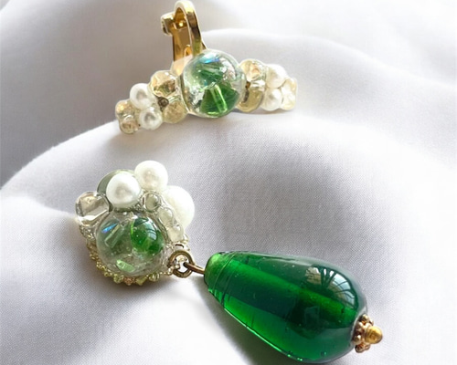 アシンメトリー イヤークリップ ピアス イヤリング セット 緑