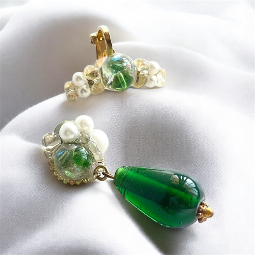 アシンメトリー イヤークリップ ピアス イヤリング セット 緑