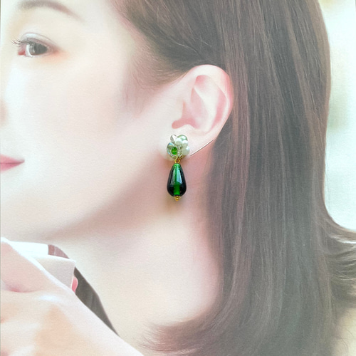 アシンメトリー イヤークリップ ピアス イヤリング セット 緑