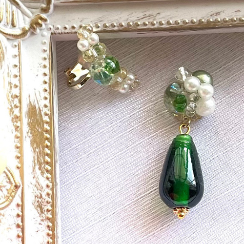 アシンメトリー イヤークリップ ピアス イヤリング セット 緑