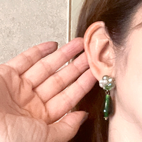 アシンメトリー イヤークリップ ピアス イヤリング セット 緑