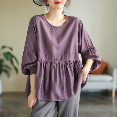 美品　ハンドメイド作家　リネン　ブラウス　紫　ピンク　長袖　七分丈 七分袖 リネン 麻 ブラウス 麻100% レディース 綿麻100% リネンシャツ