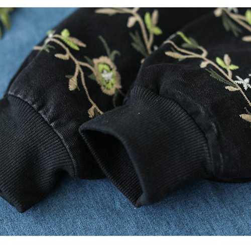 刺繍・デザインボタン・袖折り返し花柄黒デニムジャケットMade