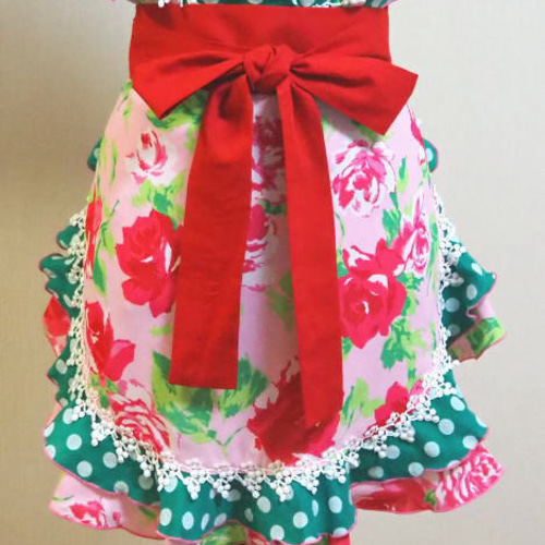 フラメンコ用シージョとエプロンB(ピンクの花柄とグリーンの水玉