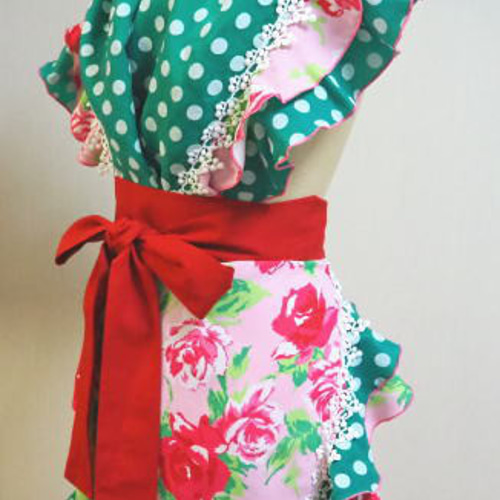 新品未使用フラメンコシージョ花柄エメラルドグリーン×ピンク系 フラメンコ用シージョとエプロンB(ピンクの花柄とグリーンの水玉