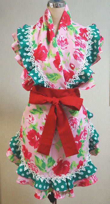 フラメンコ用シージョとエプロンC(ピンクの花柄とグリーンの水玉）