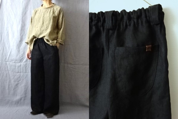 【受注制作】黒/ヴィンテージ風リネンツイル　シンプルワイドパンツ