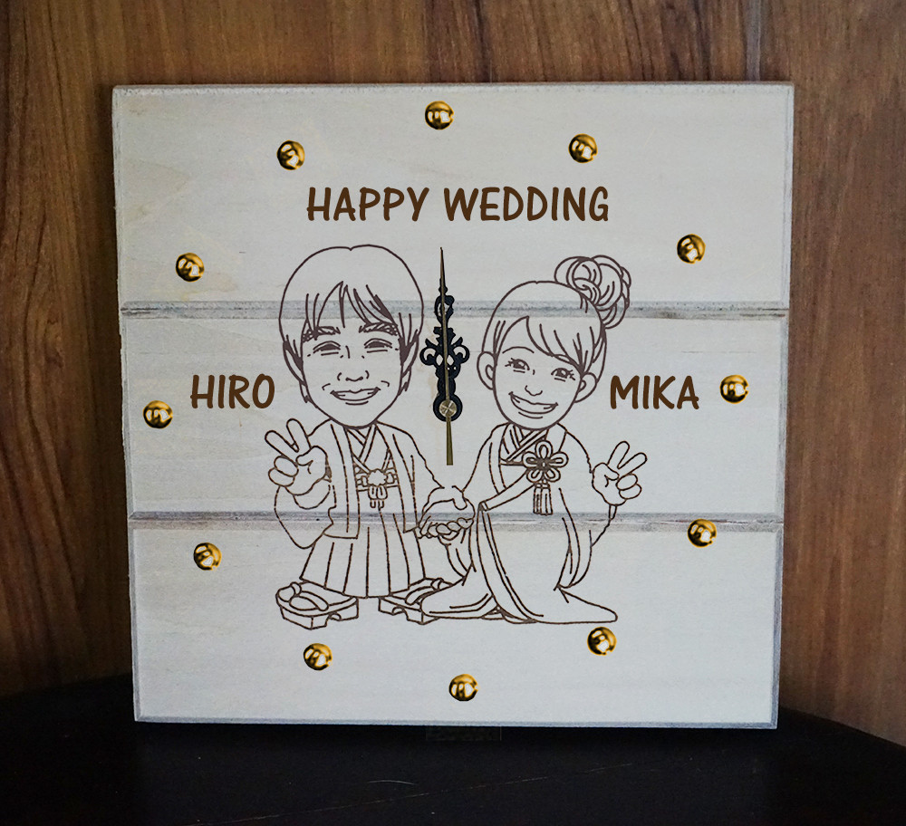 【限定2個】似顔絵時計・木製【全面彫刻】ショートサイズ