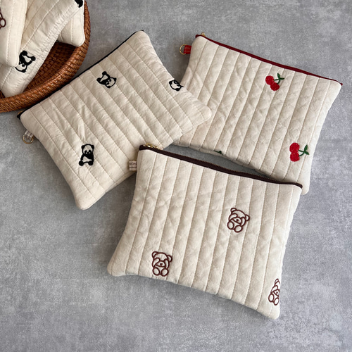 ヌビ刺繍☆ふんわりキルトのフラットポーチ【3柄より選べます】 ポーチ 