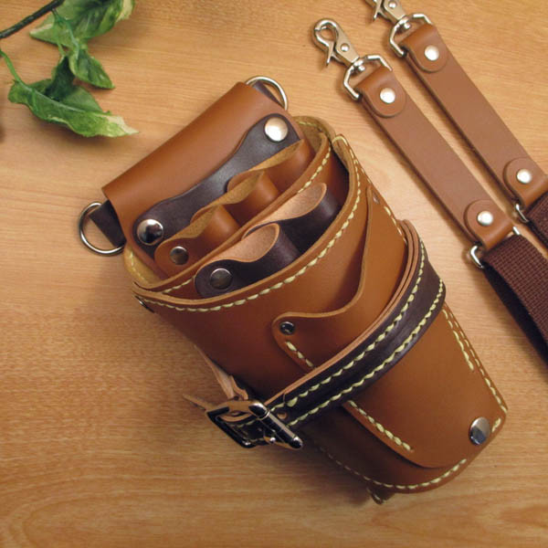 本革 手縫い シザーケース(キャメル＆焦げ茶) 5丁差し SCA-139