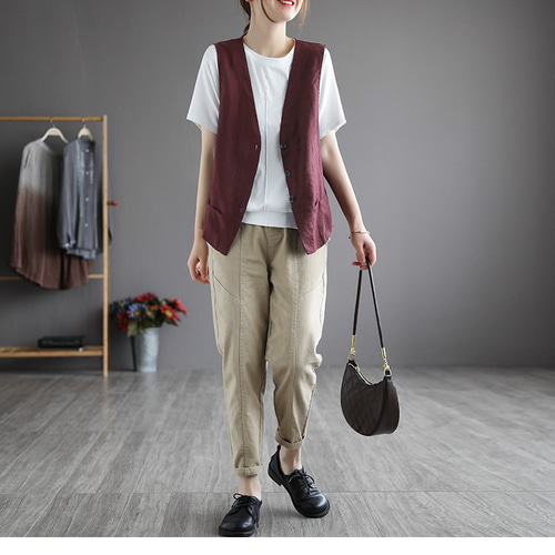 麻 ベストレディース リネン ベスト ジレ 綿麻ベスト ノースリーブ