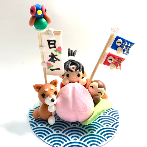 ☆桃太郎ちゃん達と鯉のぼり(受注生産) 樹脂粘土 置物 5月の節句