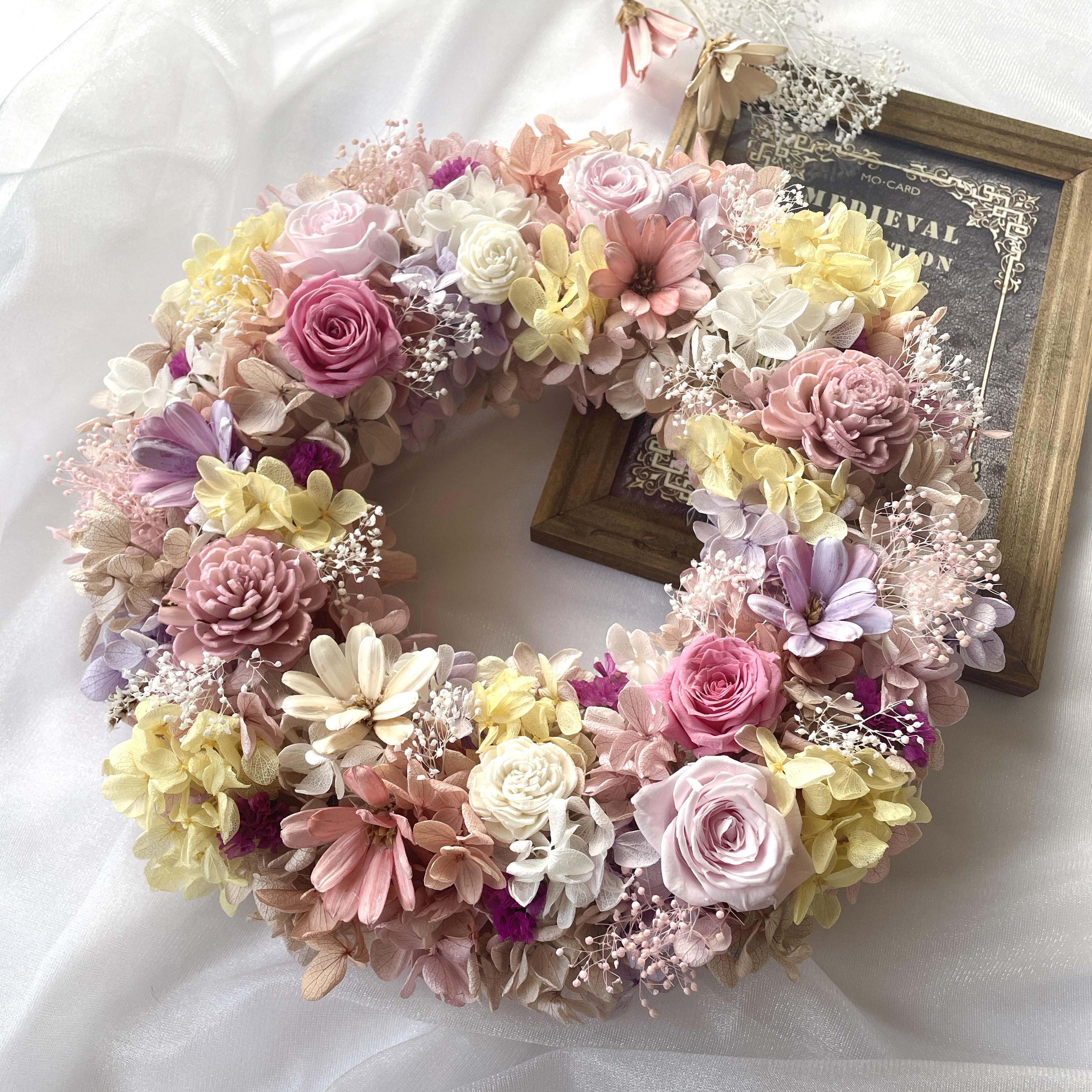 プリザーブドフラワーリース＊薔薇＊ふんわりピンク&イエロー