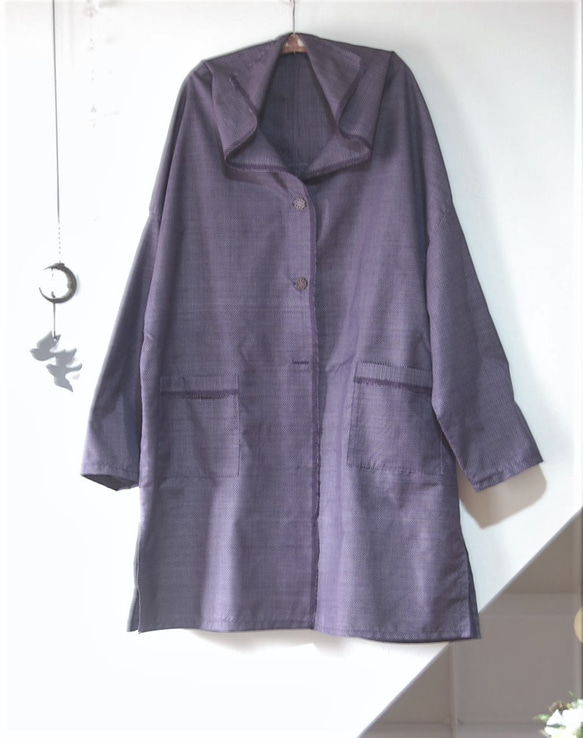 大島紬　深紫いろのライトコート　着物リメイク 3枚目の画像
