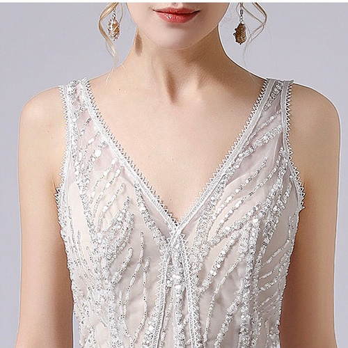 スリットビジュー Vネック ウエディングドレス 二次会 フォト ドレス  