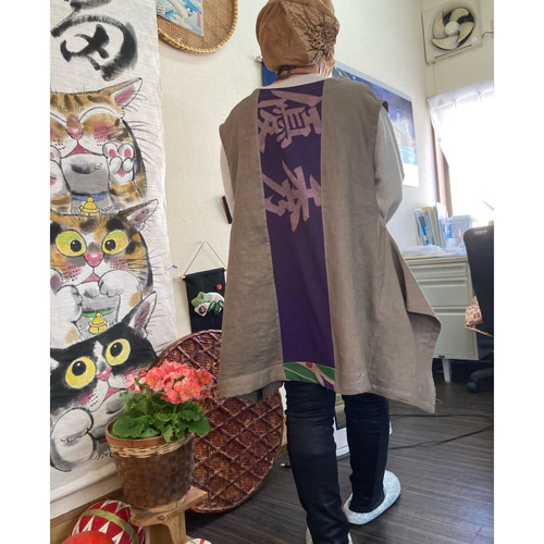 大漁旗と木綿の無地の柿渋染めチュニック ポケット刺し子付き 古布 