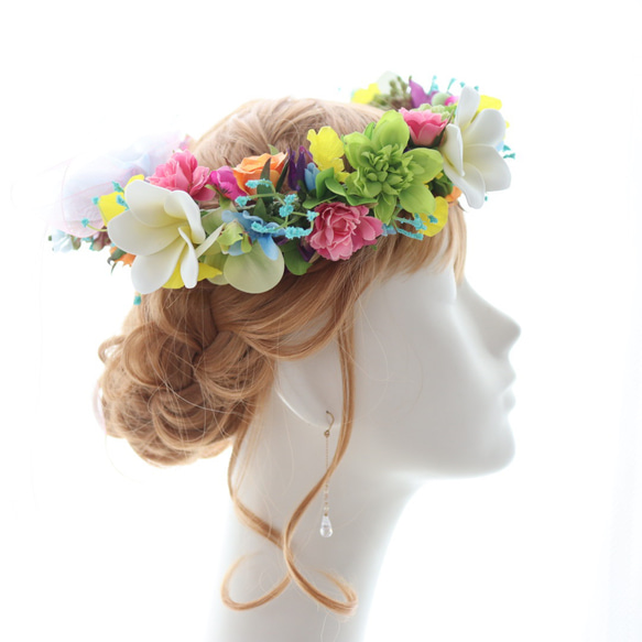 花冠　花かんむり　カラフル　プルメリア　ラン　ローズ　ヘッドドレス　髪飾り　結婚式　ブライダル　ウェディング 7枚目の画像