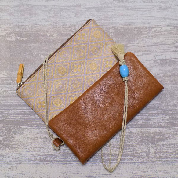 金彩工芸　家紋菱　金仕上げ　本牛革茶色×金糸織紫苑色帯地製　「本革製道中財布」 をかし 商標登録　をかし