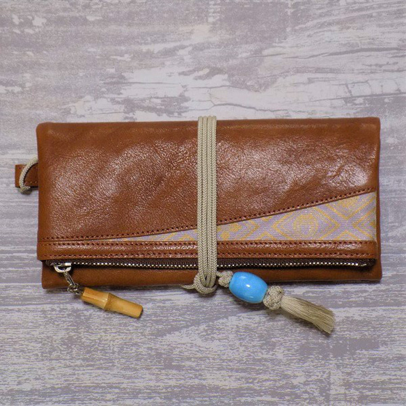 金彩工芸　家紋菱　金仕上げ　本牛革茶色×金糸織紫苑色帯地製　「本革製道中財布」 をかし 商標登録　をかし