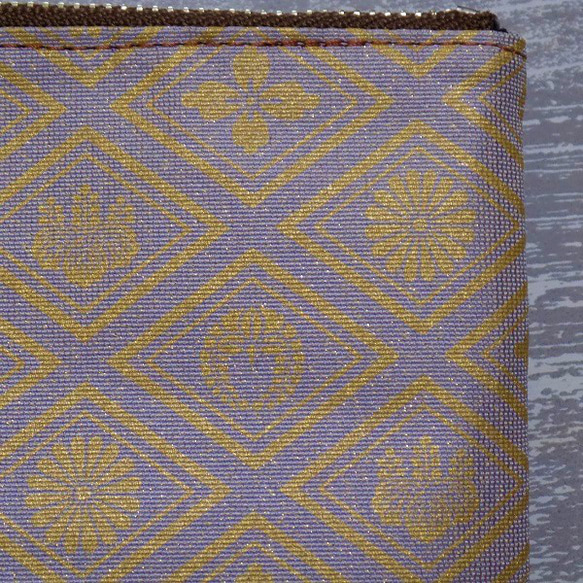 金彩工芸　家紋菱　金仕上げ　本牛革茶色×金糸織紫苑色帯地製　「本革製道中財布」 をかし 商標登録　をかし