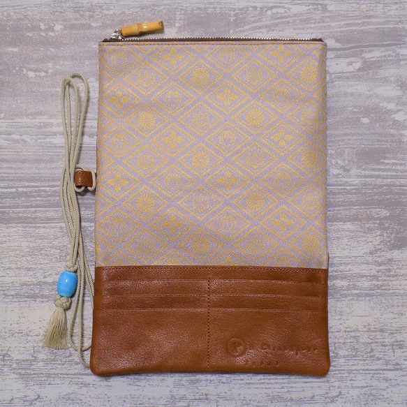 金彩工芸　家紋菱　金仕上げ　本牛革茶色×金糸織紫苑色帯地製　「本革製道中財布」 をかし 商標登録　をかし