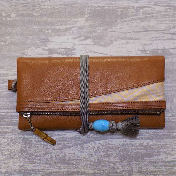 金彩工芸　家紋菱　金仕上げ　本牛革茶色×金糸織紫苑色帯地製　「本革製道中財布」 をかし 商標登録　をかし