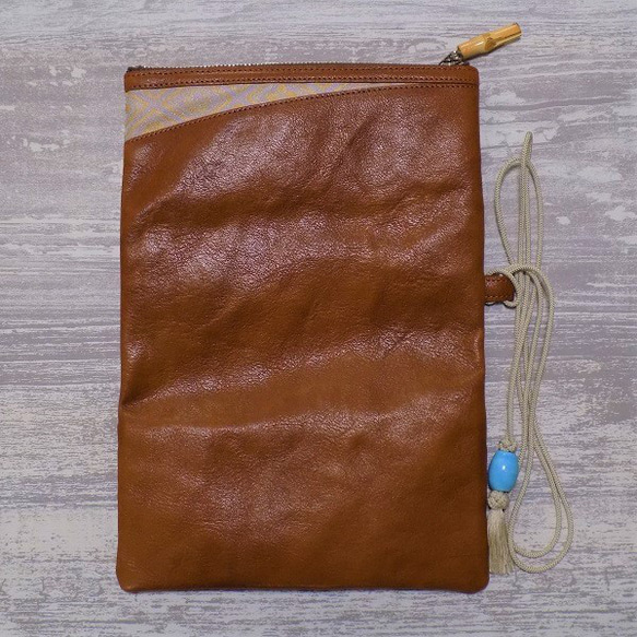 金彩工芸　家紋菱　金仕上げ　本牛革茶色×金糸織紫苑色帯地製　「本革製道中財布」 をかし 商標登録　をかし