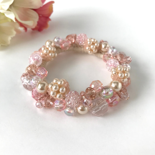 桜色 の ビーズボール ビジュー クロッシェ シュシュ ピンク ヘアゴム