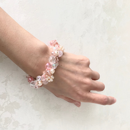桜色 の ビーズボール ビジュー クロッシェ シュシュ ピンク