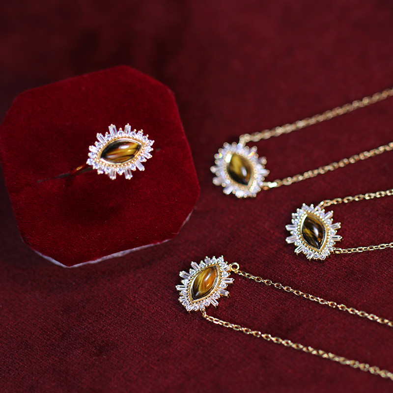 天然石タイガーアイネックレスピアスシルバーs925 ゴールド