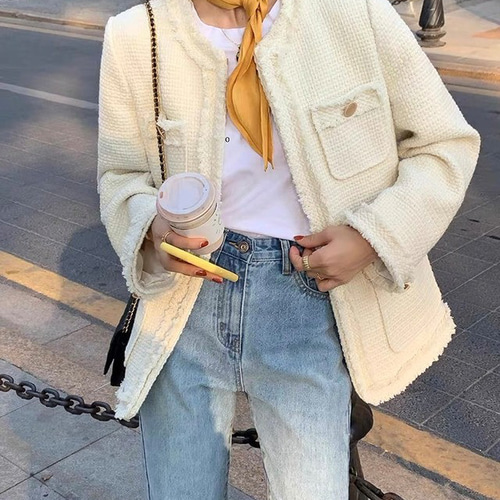 ツイードジャケット ノーカラージャケット ツイード トリム ジャケット