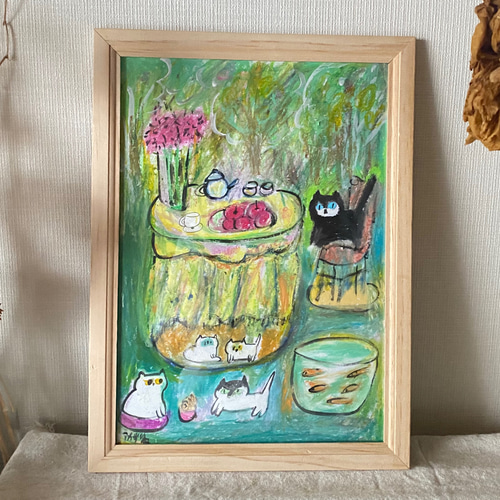 絵画 。壁掛け絵原画手描き【かわいい猫たちの楽しいワイン